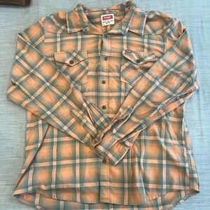 Wrangler Men’s XL Slim Fit Plaid Western Shirt Long Sleeve Orange Grayish Green